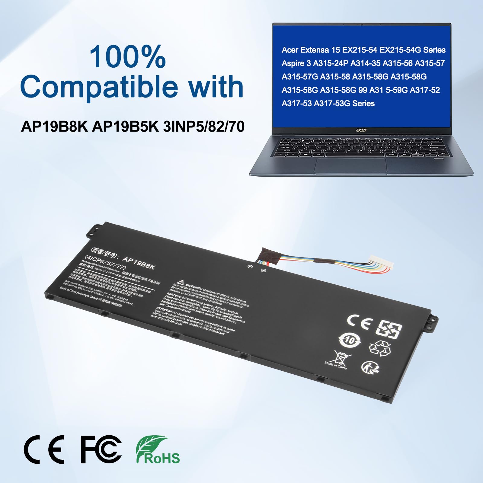 AP19B8K AP19B5K Battery for Acer Extensa 15 EX215-54 EX215-54G Aspire 3