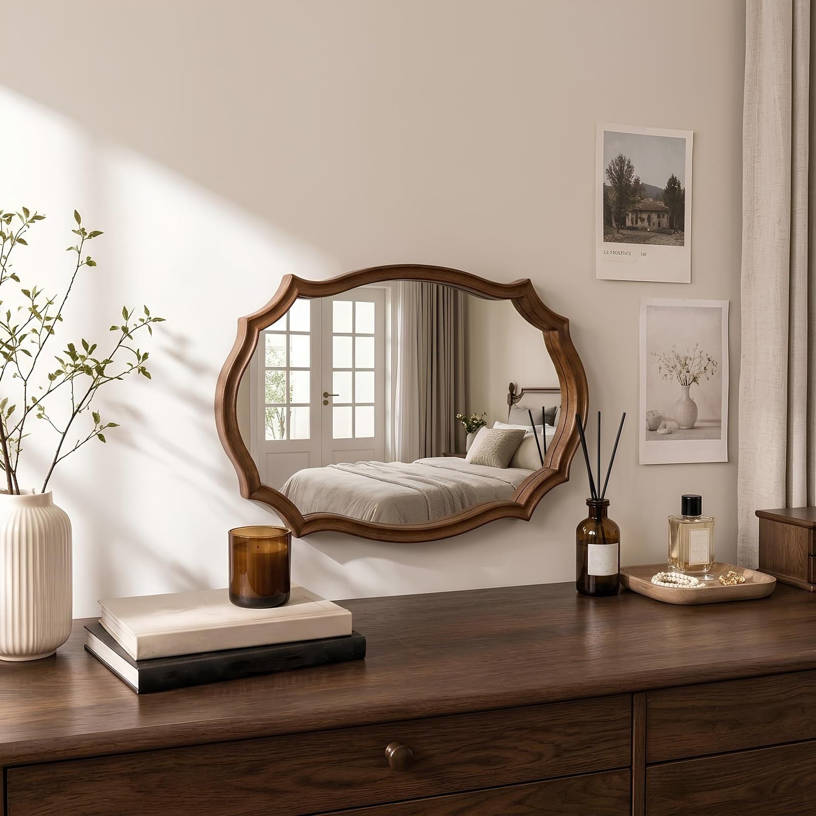 IRUGS Vintage Irregular Wall Mirror, Solid Rubberwood Frame Wall Mirror, Rustic Farmhouse Decorative Mirror for Bathroom, Bedroom and Entryway(40 x 60 cm)