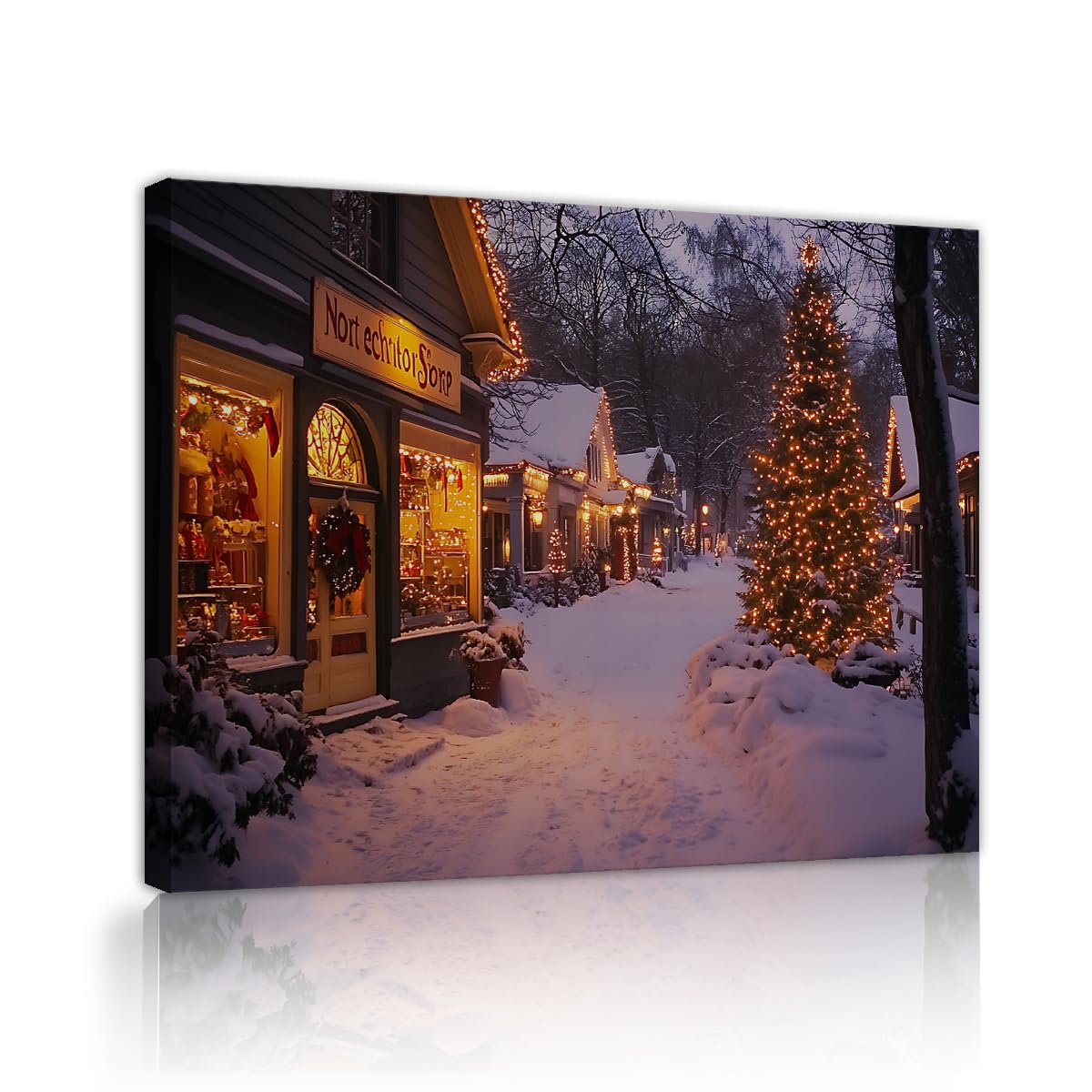 SHENGPOSTER Romantic Xmas Canvas Painting Vintage Town Canvas Wall Art Snowy Village Street Painting Warm Shop Picture Ready to Hang for Living Room Innerframe 30x40cm