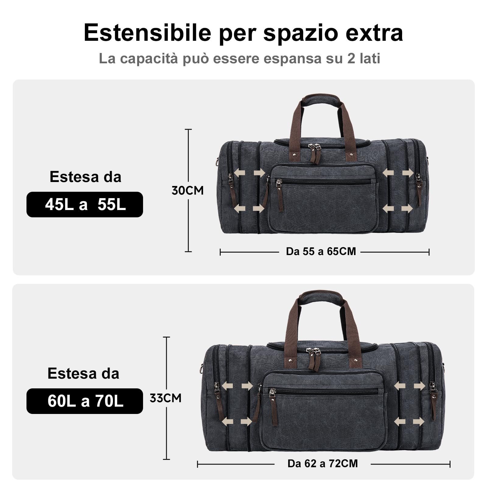 EKOROMIER 70L Borsa da Viaggio Grande in Tela per Uomo – Borsone Espandibile – Borsa Extra Capiente per Vacanze, Palestra e Viaggi Lunghi
