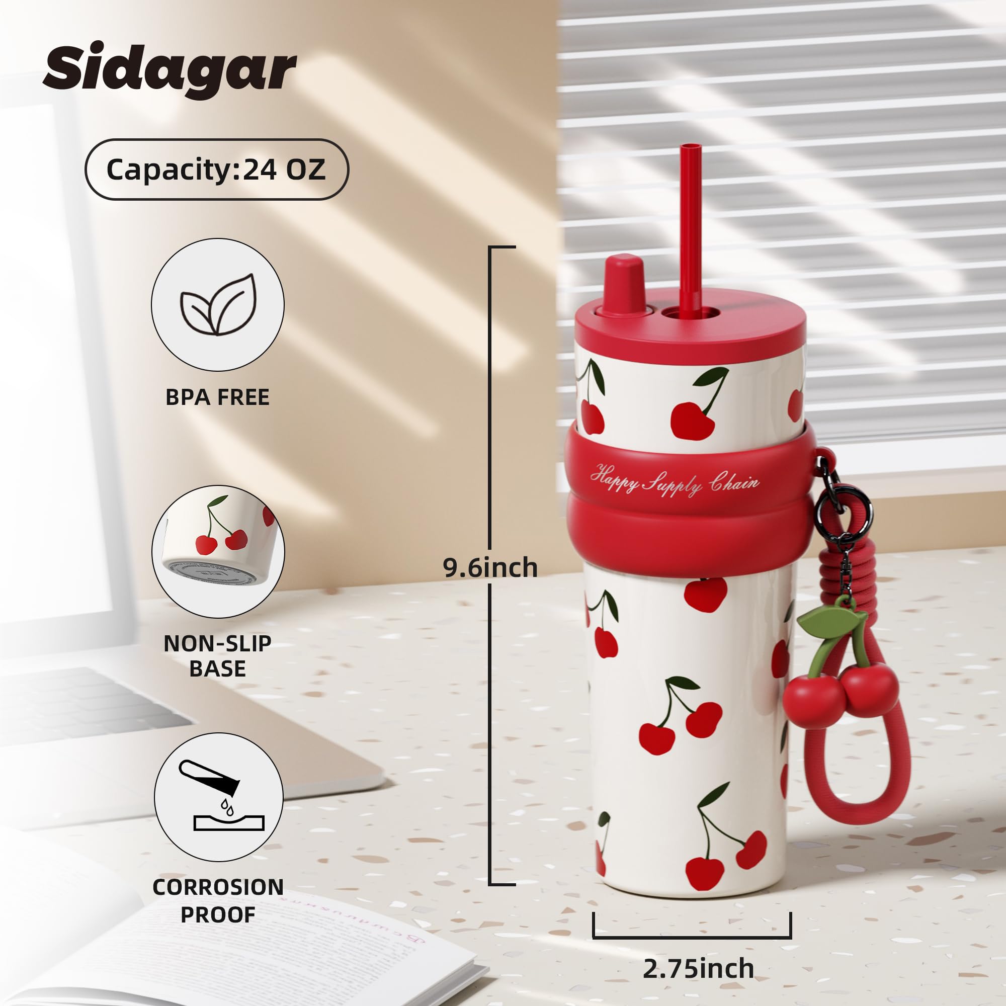 24 oz isolierter Becher mit Deckel und Strohhalm, Edelstahl wiederverwendbare auslaufsichere Wasserflasche, tragbare Reise-Kaffeetasse für heiß und kalt, Thermobecher für Frauen, Kirsche