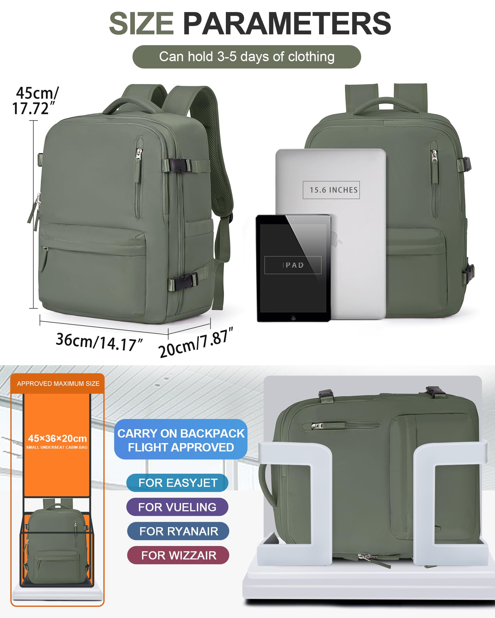 BJLFS Borse da Cabina per Ryanair 40×20×25 Bagaglio a Mano Easyjet 45×36×20 Borsa Zaino da Viaggio, Zaino da trekking,Zaino Casual per laptop da 14 pollici per scuola
