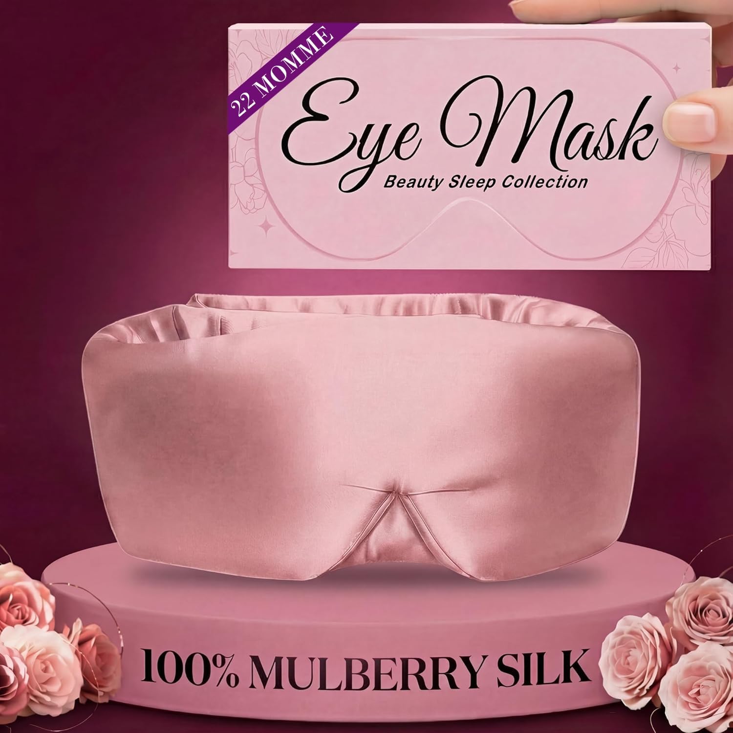 SLEEP SANCTUARY 100% Pure Mulberry Silk Sleep Mask - 22 Momme Light Blocking Hook & Loop Silk Eye Mask for Sleeping - Secure Fit for Side Sleepers, Women & Men - Cloud Soft (Pink)