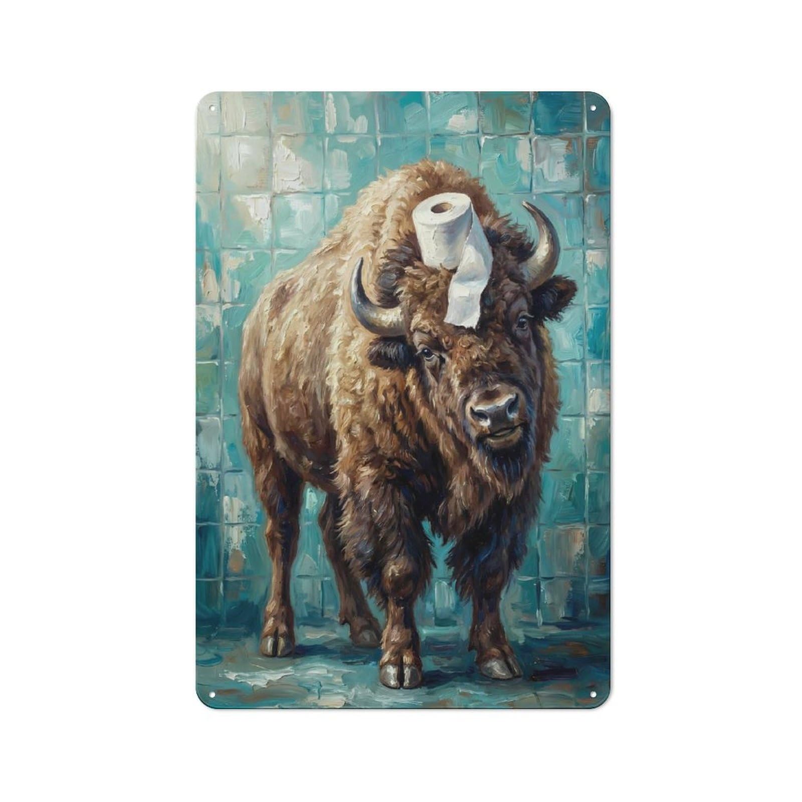Junmoney Style-13 Bison With Toilet Paper Decorative Tin Sign 30X20cm, Old Fashioned Vintage Wall Decor For Lounge, Study, Pub Or Wall Gallery