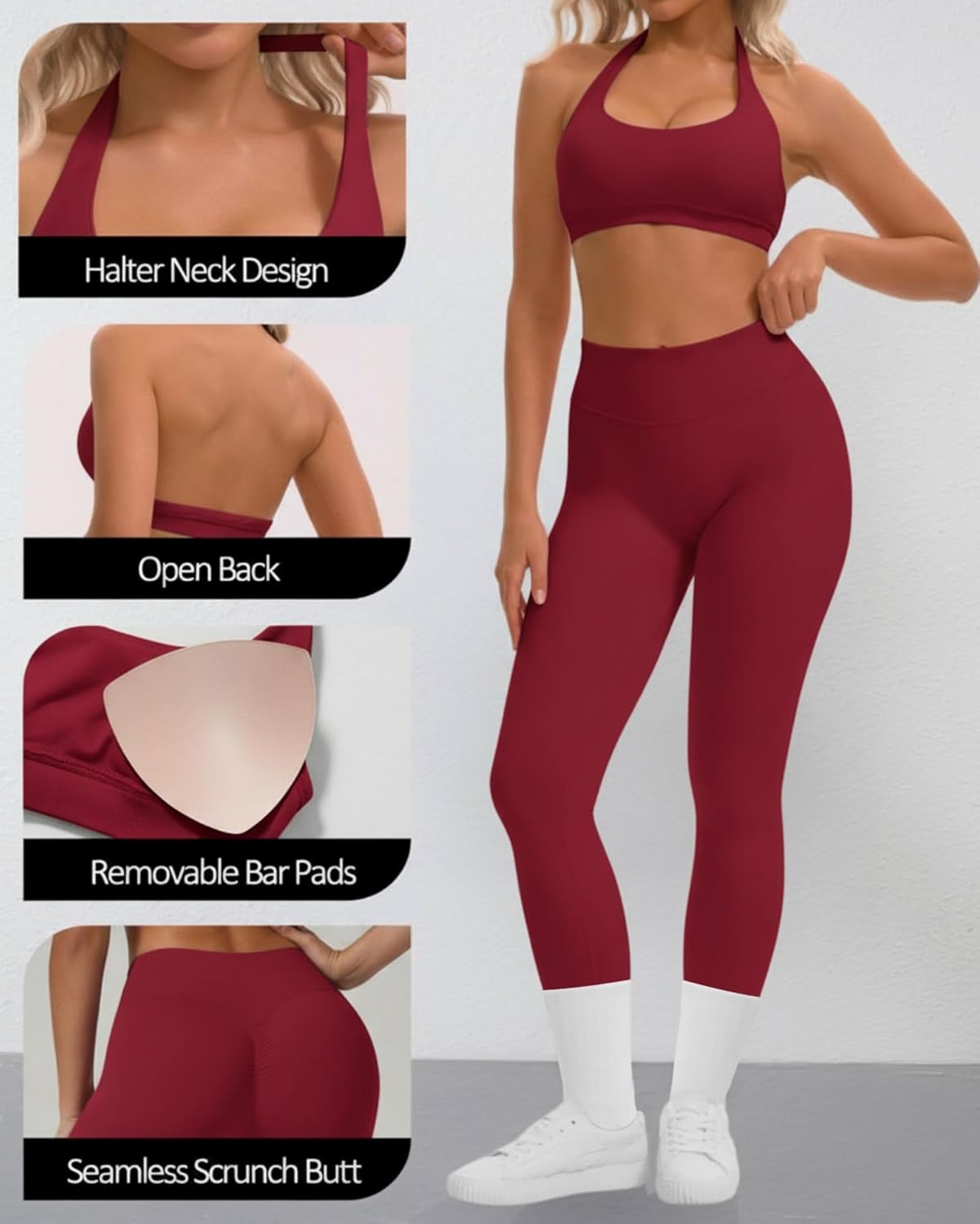 Coume Women Workout Set 2 Piece Seamless Halter Bra Scrunch Butt Lifting Leggings High Waisted Sports Gym Yoga Matching Set - Image 4