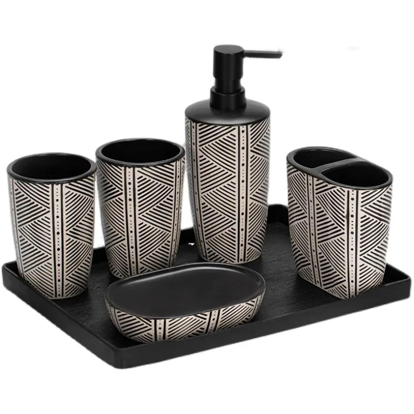 Badezimmer Zubehör Set Schwarz gestreiftes Waschset, Seifenspender, Mundwasserbecher, Toilettenbürstenset, Badezimmerzubehör aus Keramik(7 Piece Set)