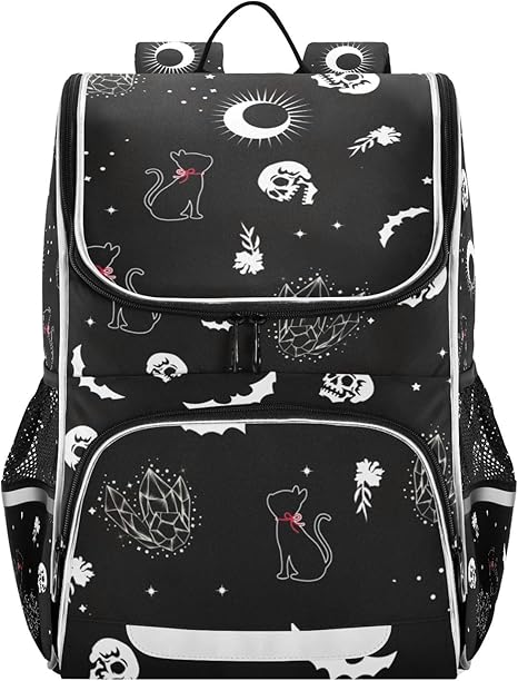 Goth Skull Cat Backpack with Reflective Strip for Kids Boys Girls Elementary School Bag Removable Chest Strap