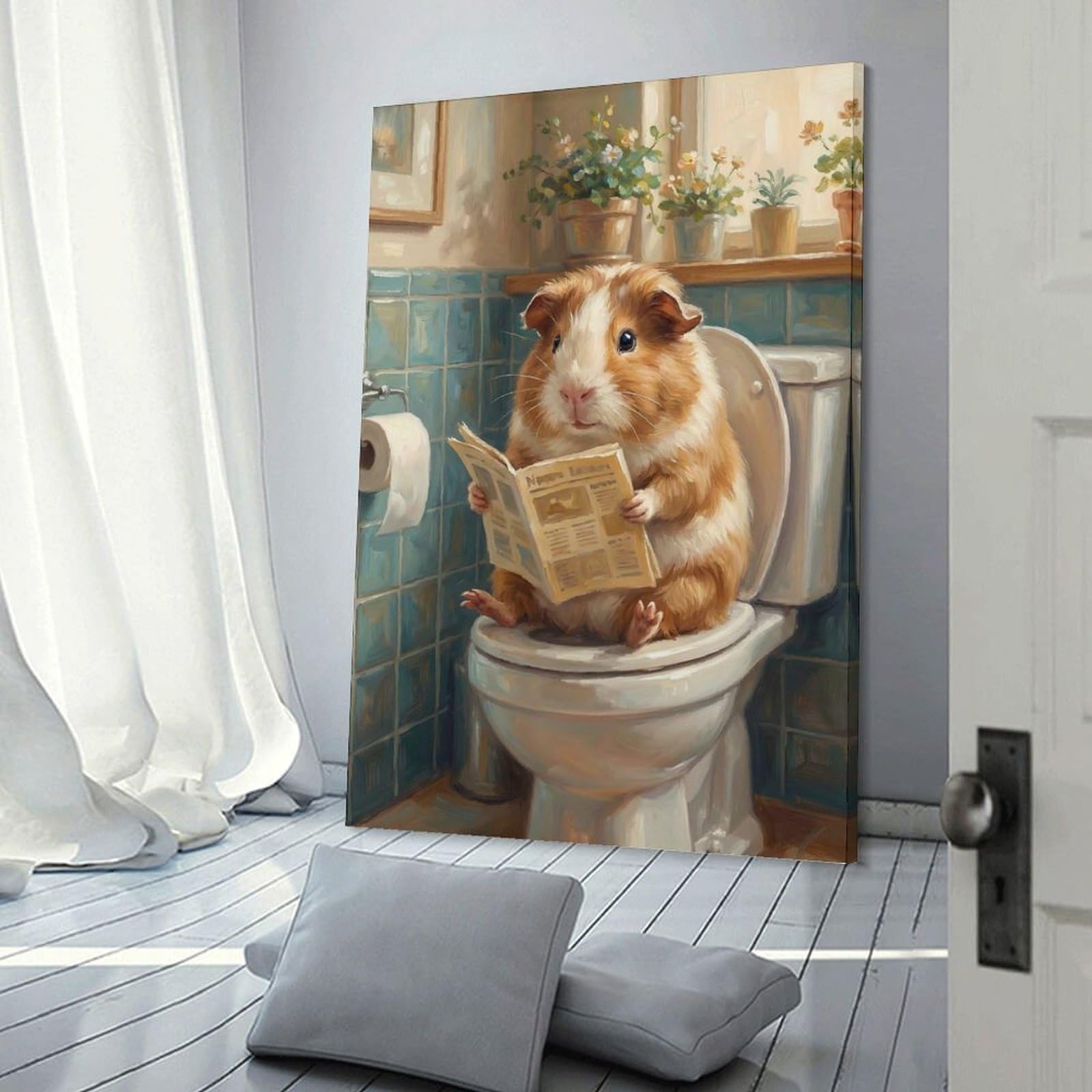 Junmoney Frame-Style-13 Guinea Pig Reading Newspaper On Toilet Decorative Wall Artwork 20X30inch(50X75cm), For Corridors, Hallways Or Apartment Entries, Home Artwork For First Impressions