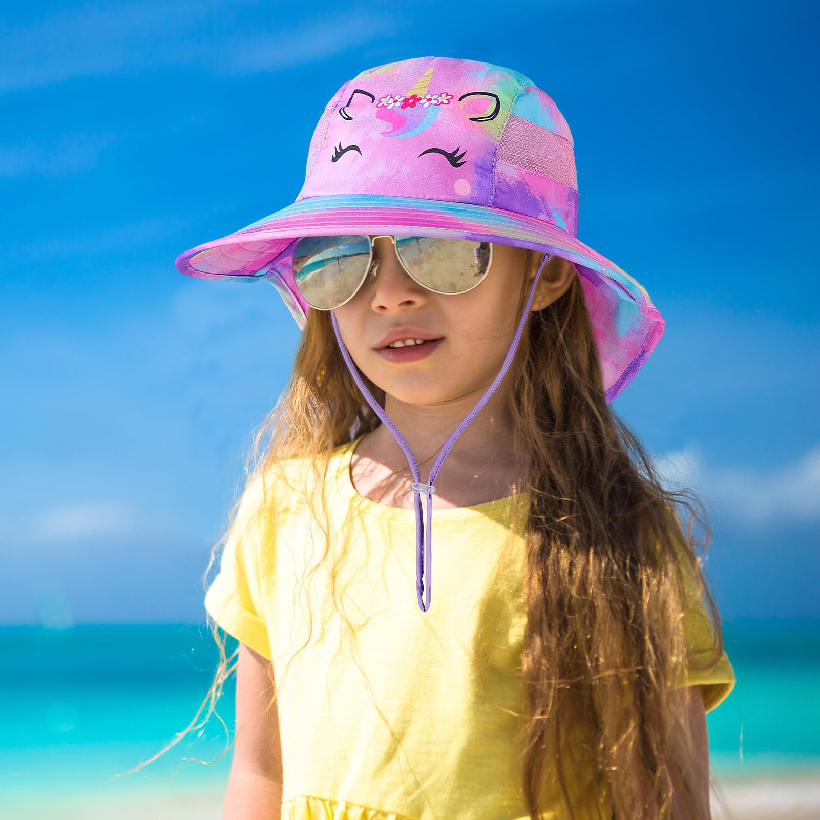 MHJY Kids Sun Hat Girls UV Protection Summer Hats Adjustable Beach Cap Unicorn Bucket Hats with Wide Brim Neck Flap for Toddlers 2-9 Years — view 6