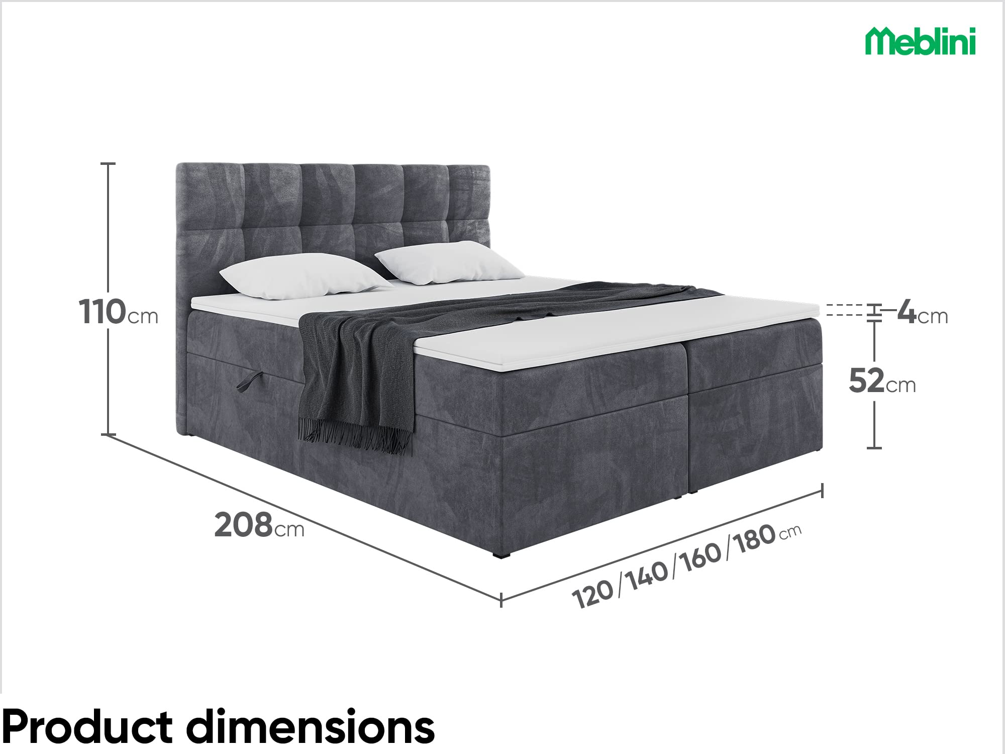 MEBLINI Boxspringbett mit Bettkasten - Gepolstert Doppelbett mit Matratze und Topper - Polsterbett mit Stauraum - Bett mit Kopfteil - Stauraumbett - RACO - 160x200 - H4/Dunkelgrau Samt
