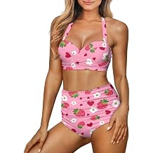 Poceacles Women 2 Piece Bikini Set Halter Swim Suit Padded Bathing Suit Print Swimwear with Tummy Control Bottom for Summer