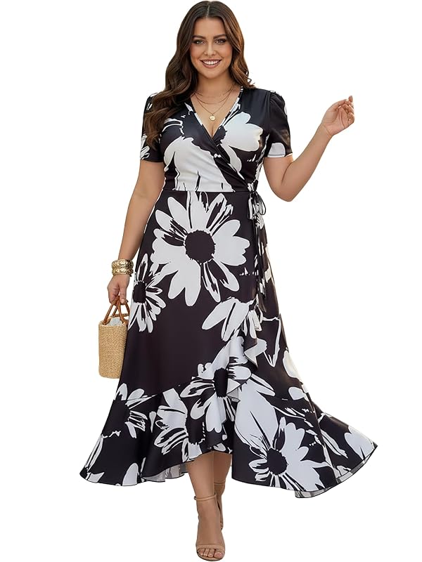 KOH KOH Plus Size Womens Long Flowy Wrap V-Neck Ruffle Modest Elegant Short Cap Sleeve Floral Flower Print Spring Summer Casual Wedding Guest Tall Maxi Dress Gown, White and Black 2XL 18-20 by KOH KOH - Used condition - US$32.27