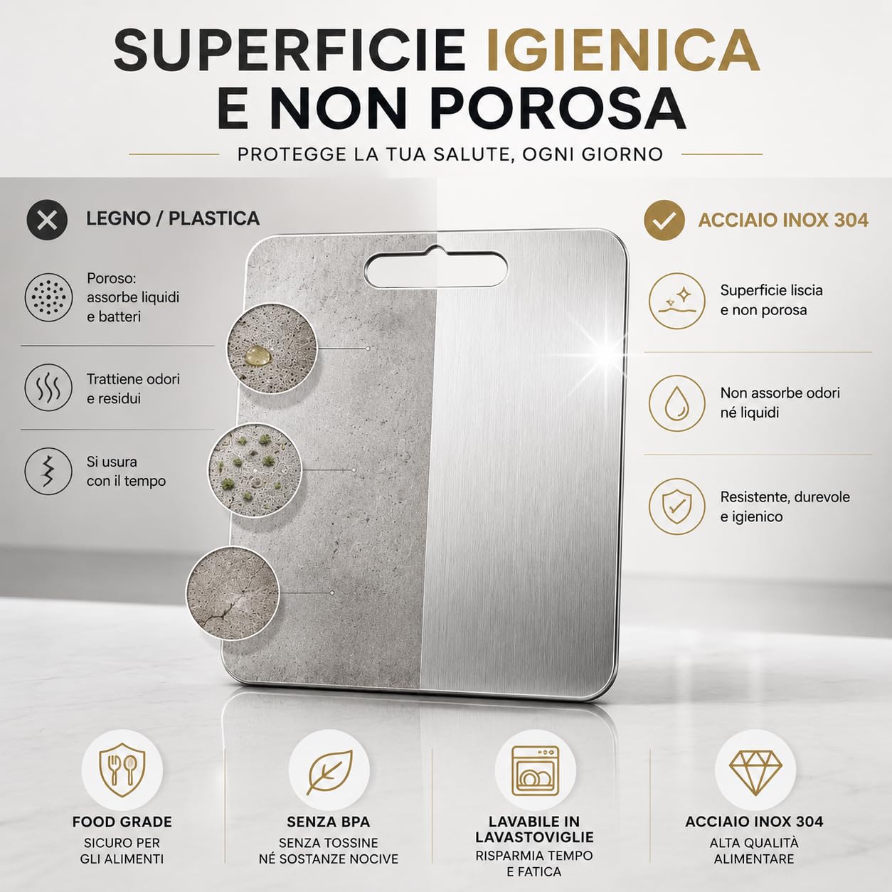 Tagliere in Acciaio Inox Alimentare 304 Per Cucina, Tagliere acciaio inox Certificato Igienico e Antibatterico, Superficie Alimentare Facile da Pulire, Resistente e Antiodore, 23X34