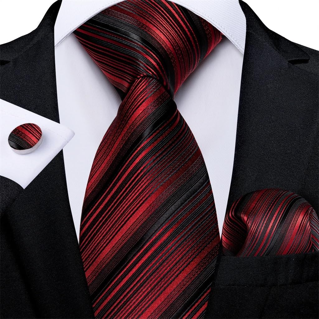 Men's Tie Sets Men Neckties Striped Red Black Formal Business Wedding Ties Long Handkerchief Pocket Squares