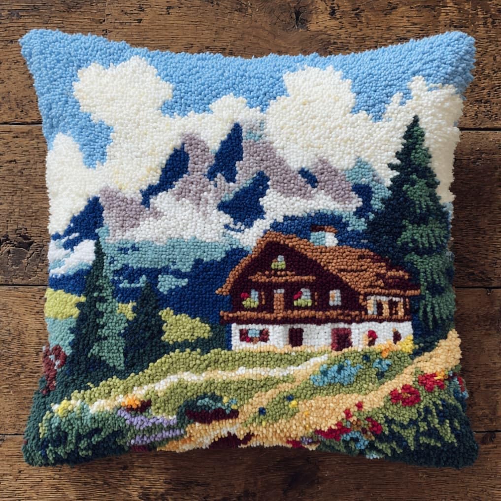 AxiangziK Latch Hook Cushion Kit,Chalet DIY Throw Pillow Cover 43X43Cm