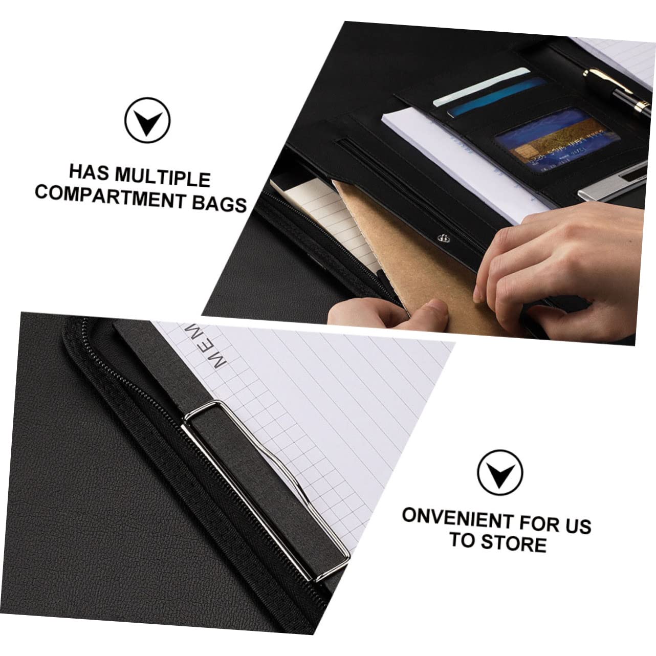 Portfolio Binder con Cerniera in Pu Nero Formato A4 con Tasche Multiple | Quaderno Porta Documenti, con Blocco Note A4 Incluso, Pratico per Contenere e Proteggere Documenti