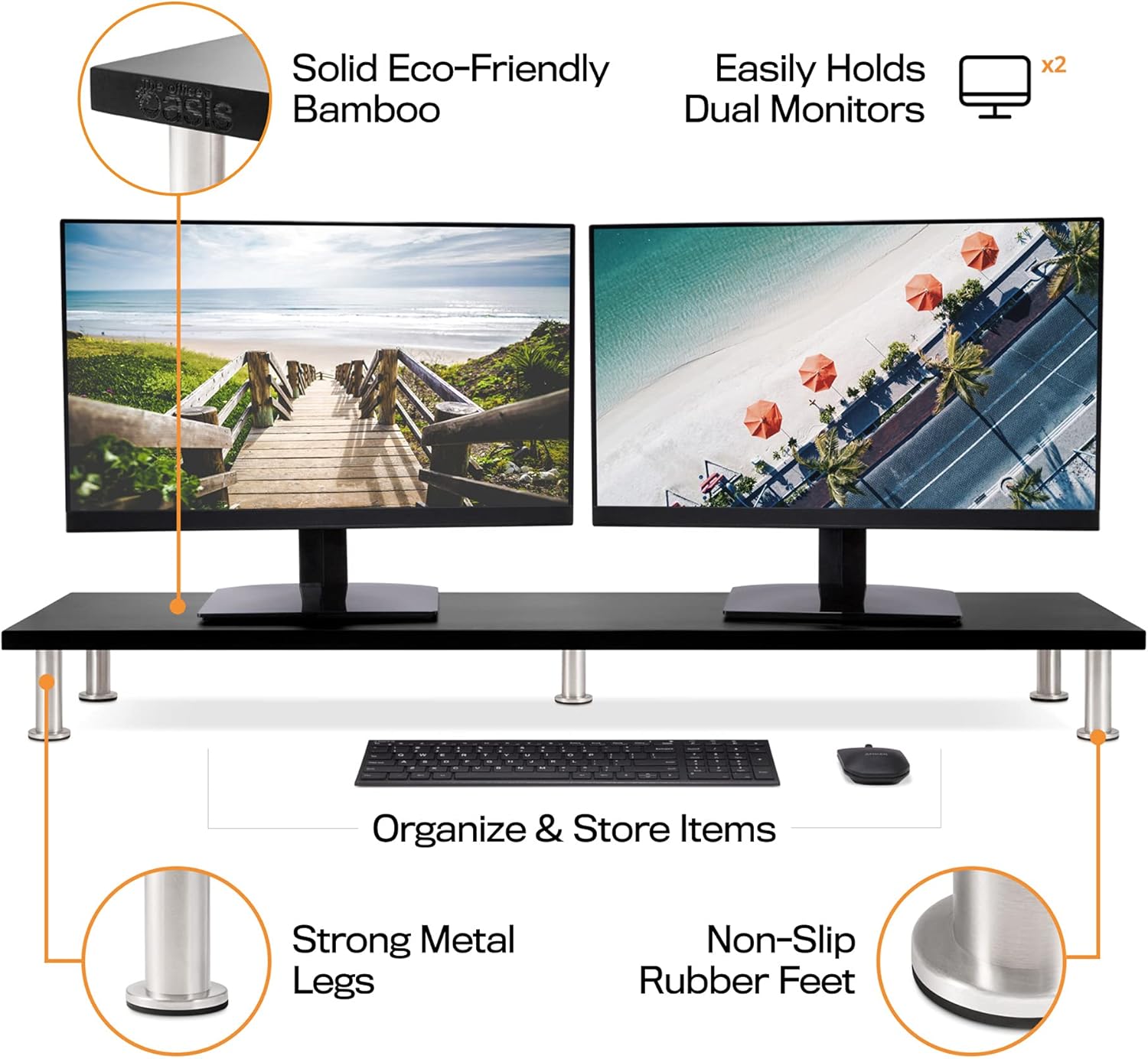 The Office Oasis Dual Computer Monitor Stand, Solid Bamboo Supports 100lbs, Black : Electronics