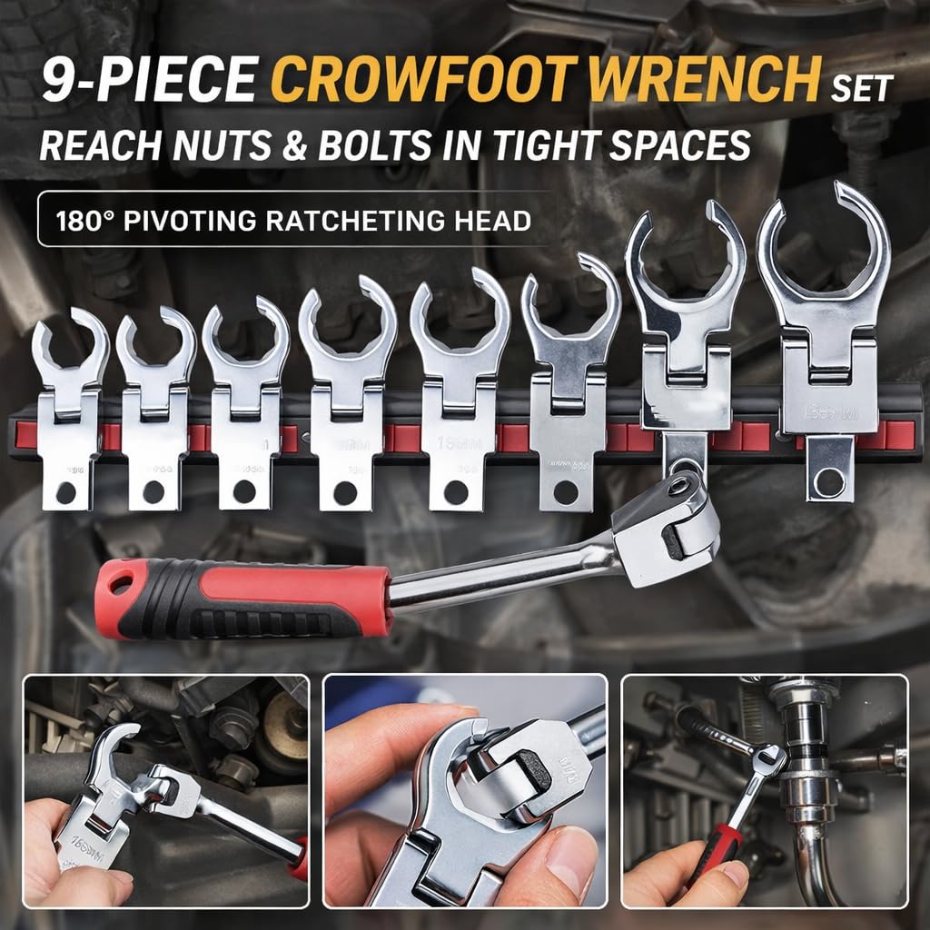 ViaGasaFamido Adattatore per Chiave a Cricchetto con 8 Testine Girevoli 180 Gradi, Acciaio Cromo Vanadio, 9-19mm, Set Sostituibile per Manutenzione Auto e Moto