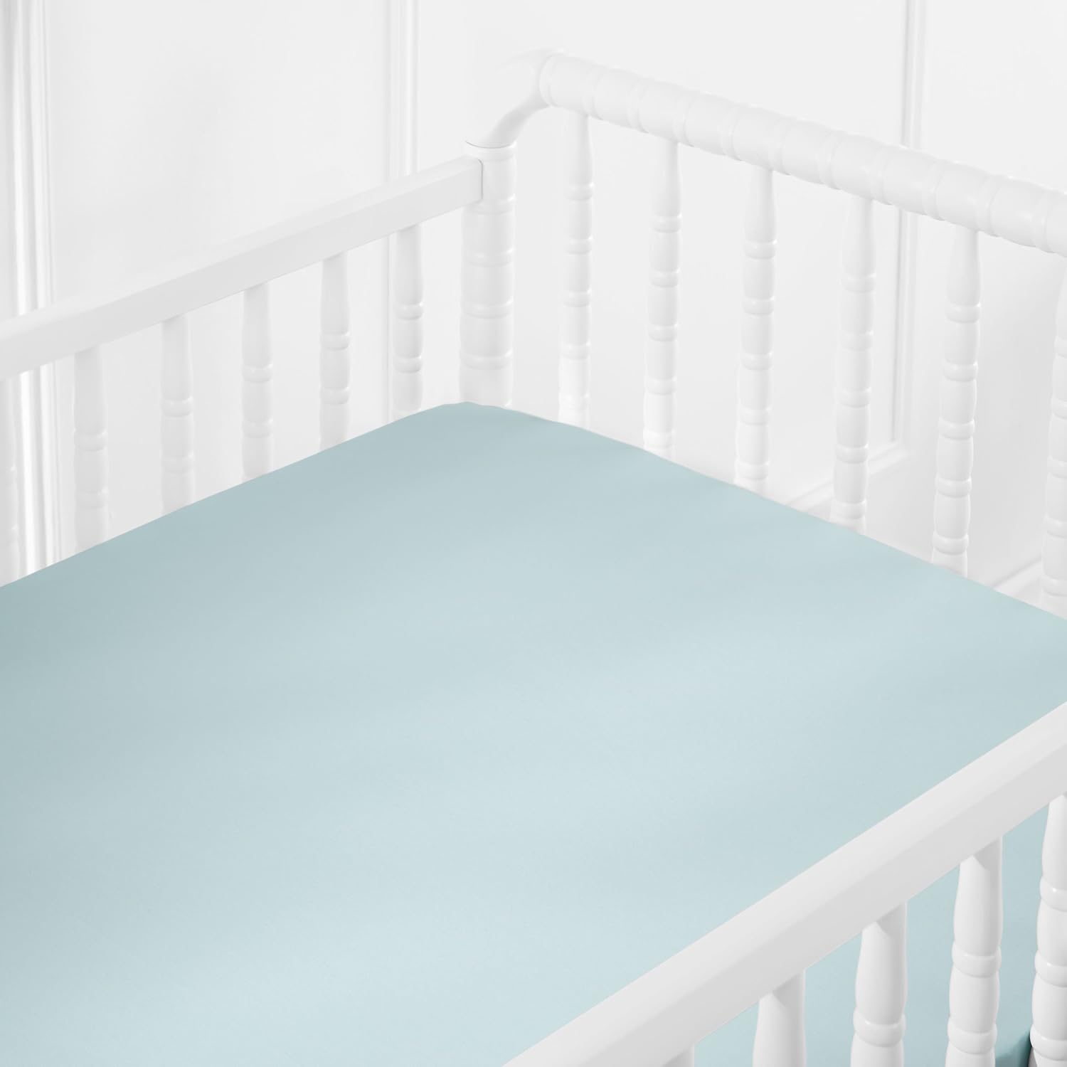 Amazon Brand – Pinzon 300 Thread Count Cotton Percale Fitted Mini Crib Sheet Baby Bedding, Spa Blue
