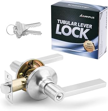 Entry Door Handle Lock with Keys,Reversible for Right & Left Side,Not Keyed Alike Lever Lock Set,Turn-Thumb Locking,Perfect for Office,Interior Exterior Front Door,Bedroom,Brushed Nickel