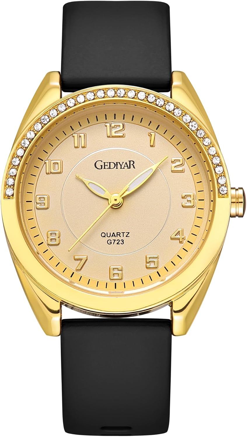 Rhinestone Bezel Ladies Quartz Watch, Waterproof Easy Read Dial Silicone Strap Analog Wrist Watch for Nurses Students Women