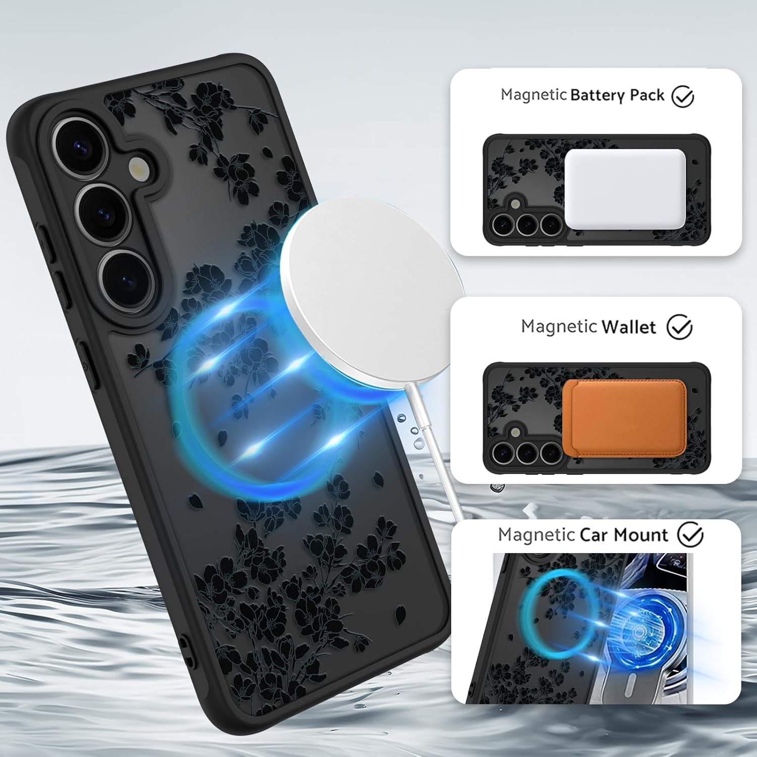 OOK Case Fit for Samsung Galaxy S25 6.2 Inch (Wireless Charging Compatible) Black Floral Flowers Design Translucent Phone Cover Soft TPU + Hard PC Anti-Scratch Shockproof Magnetic Case for Women - Image 2