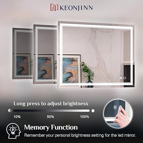 Miniatura 3 de Keonjinn Espejo de baño LED con luces de 24 x 30 pulgadas, espejo de tocador con luz frontal, antivaho montado en la pared, regulable, brillo de