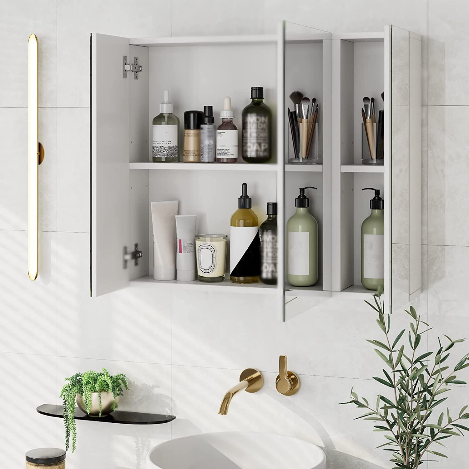 FOREHILL 70x60cm Armario Espejo Baño, Armario Baño Pared, Armario Baño | Armario Colgar de Pared con 4 Compartimentos, 3 Puertas, Blanco, 70x15x60cm