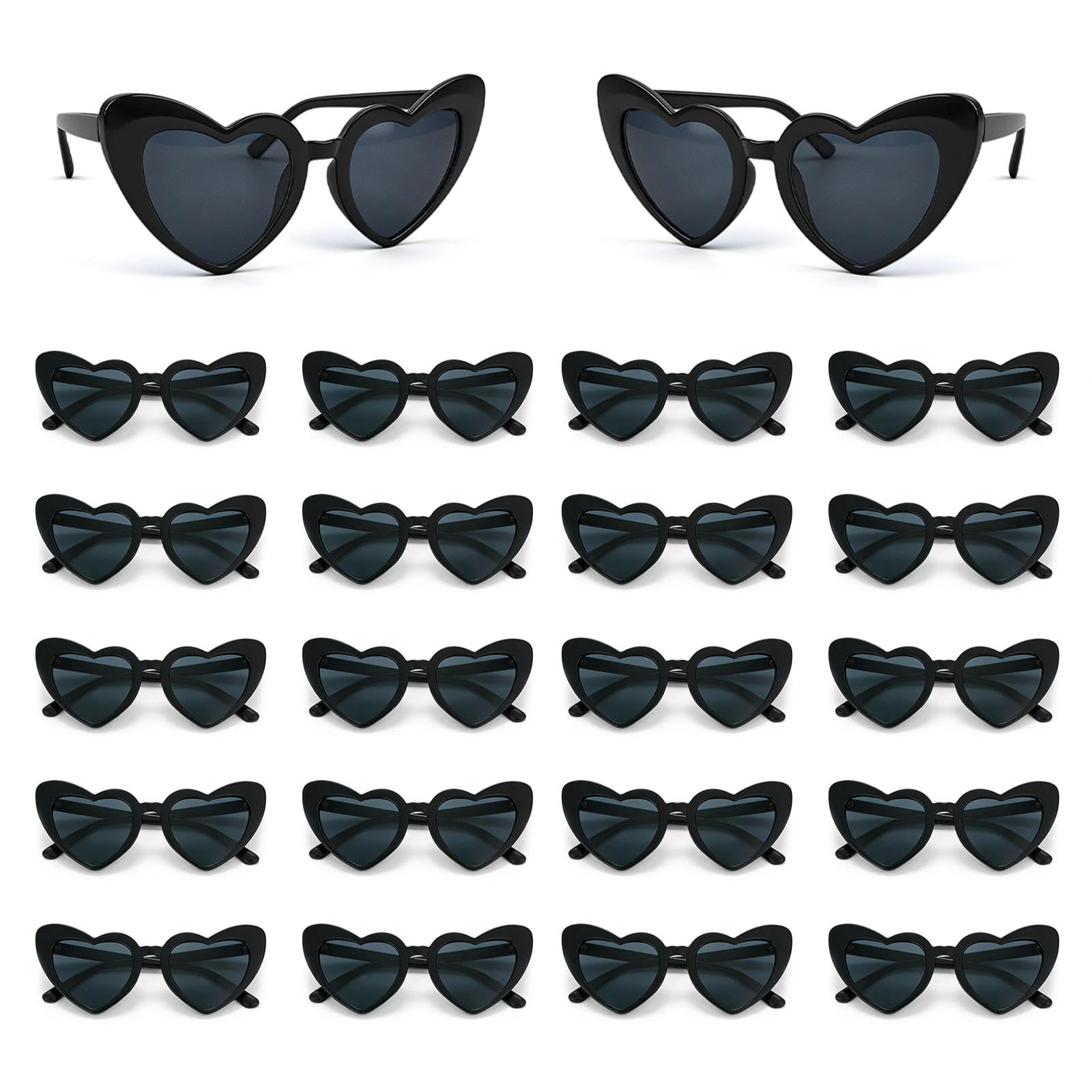 24 Pack Black Heart Sunglasses Bulk, Heart Shaped Retro Cat Eye Glasses for Hen Party Accessories, Wedding Favours, Bridal Showers, and Gift Bag Fillers
