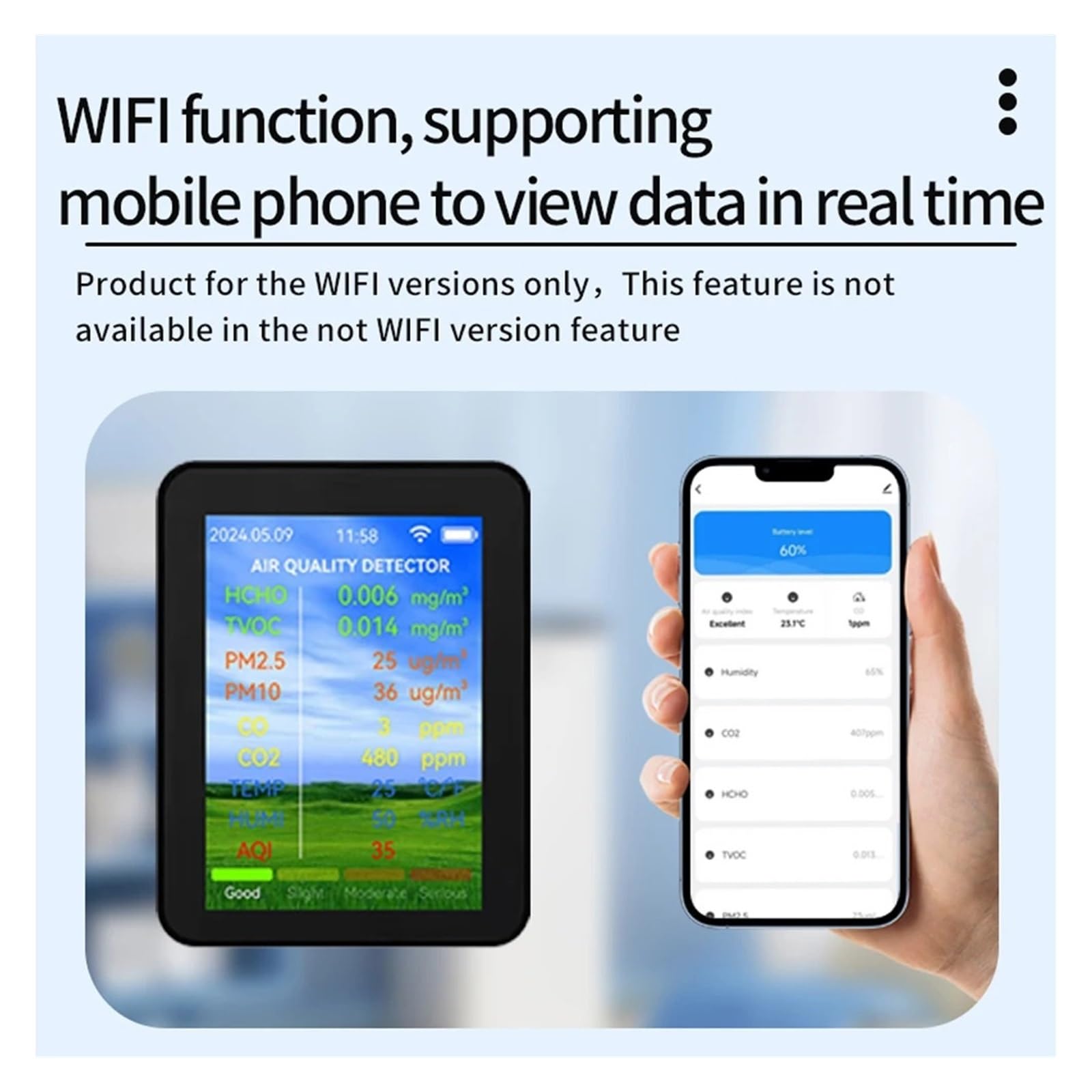 Air Quality Monitor, Misuratore Multifunzionale A Qualità 'aria WiFi HCHO TVOC Monossido Di Carbonio CO2 PM2.5 PM10 Tester TFT Da 2,8 Pollici(Black)