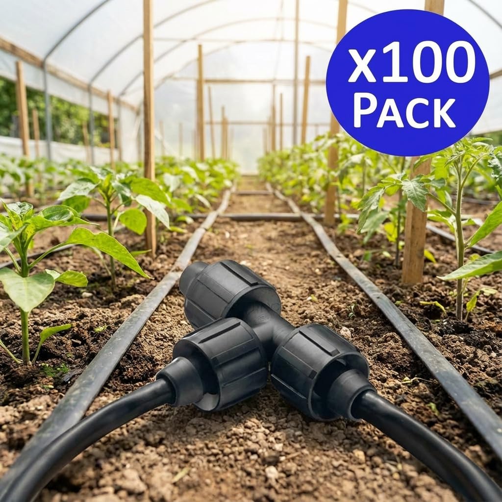Suinga Pack da 100 Raccordi a T 16mm per Tubo di Irrigazione a Goccia | Raccordi a T per Sistemi di Irrigazione da Giardino e Agricoli, nero