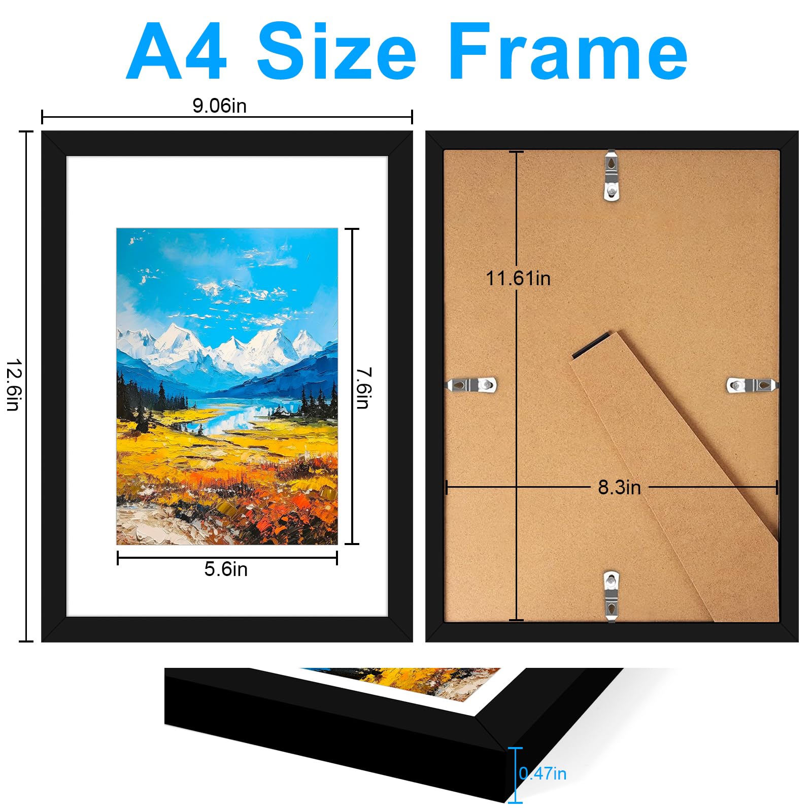 Lot De 3 Cadres Photo A4 Noir (21x29.7 Cm) - Verre Acrylique & Bois Composite - Léger, Résistant - Support Table Ou Montage Mur Inclus - 3