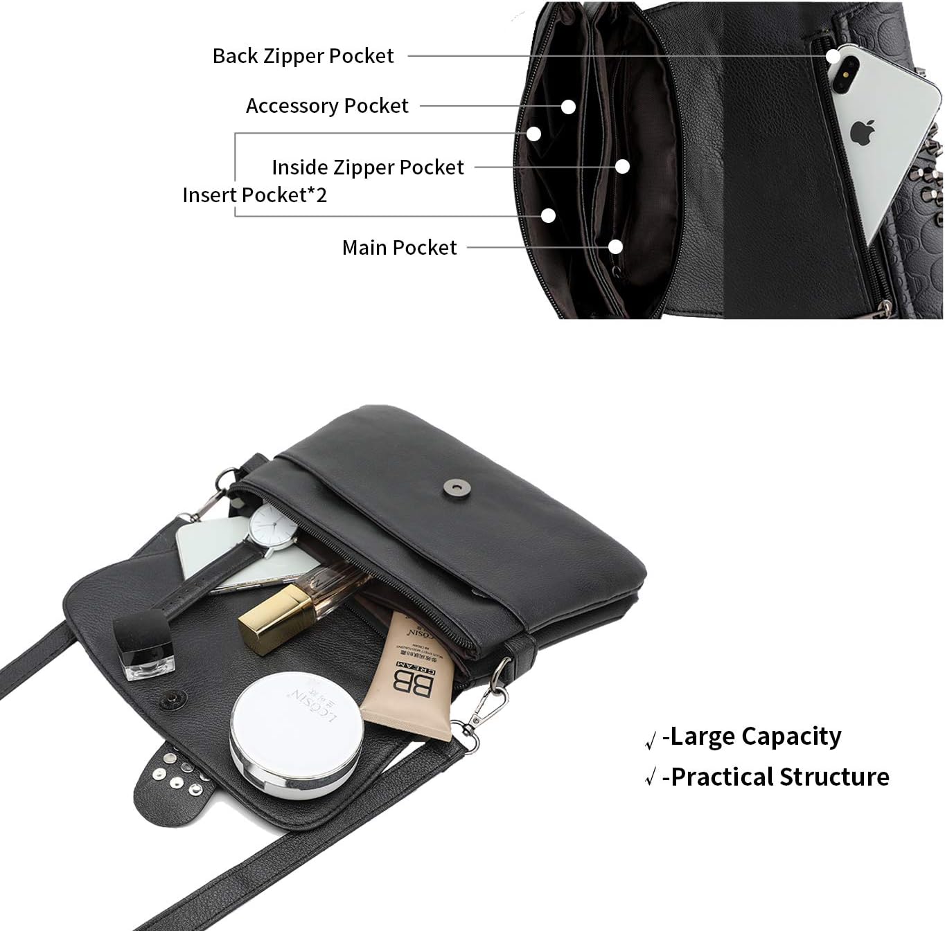 SUKUTU Womens Punk Skull Rivet Shoulder Bag PU Leather Goth Crossbody Bag with Chain Wallet Purse for Girls - Image 6