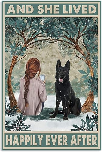 Letrero de metal para Halloween, pastor alemán negro y ella vivió felizmente siempre después con su perro, bar, hogar, cocina, habitación, placa de