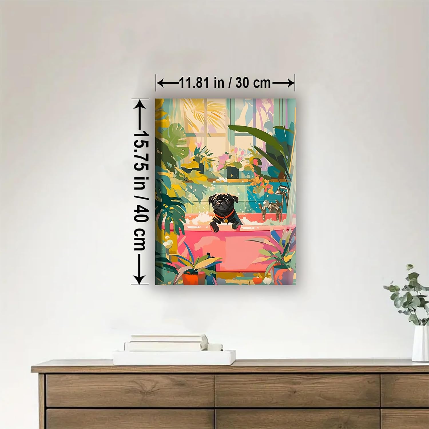 HUINORYA Pug in Bathtub Pug Dog Framed Canvas DIY Paint by Numbers Kit Bar Cafe Cave Home Room Wall Bathroom Porch Patio Decor Gift, 16 x 12 Inch