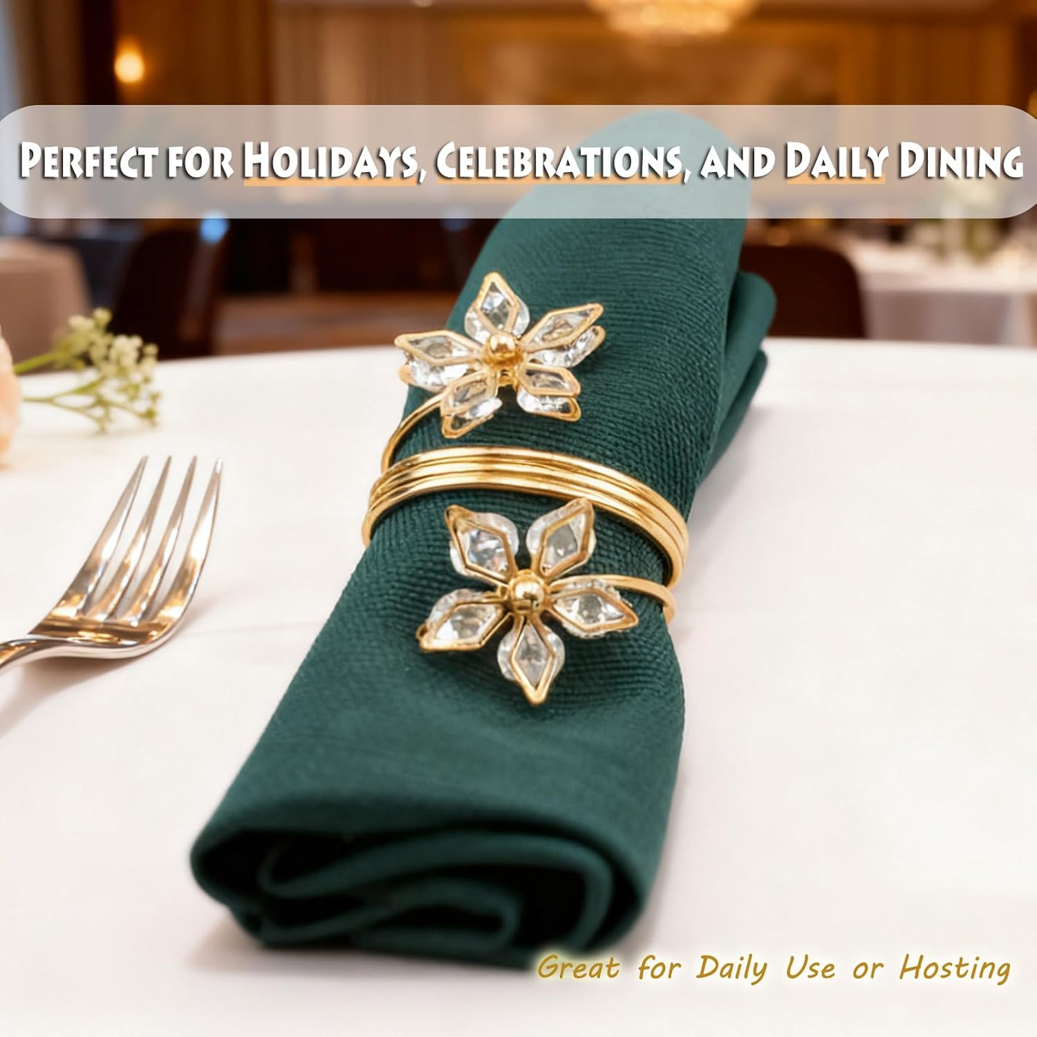 Gold Napkin Rings Set of 6, Metal Hollow Out Flower Napkin Holders, Elegant Serviette Buckles for Wedding, Holiday Party, Christmas Dinner & Dining Table Decoration
