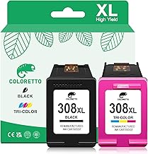 COLORETTO 308XL Envy 6120e 6520e Cartridge for HP 308 XL Black and Colour Replacement Ink Cartridge Envy 6530e 6110e 6122e 6130 6132e 6532e 6100 6500 Series Remanufactured Ink Cartridges