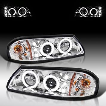 Autozensation Compatible with 2000-2005 Chevy Impala, Left + Right Pair Headlamps Assembly, LED Chrome Housing Clear Lens Projector Headlights