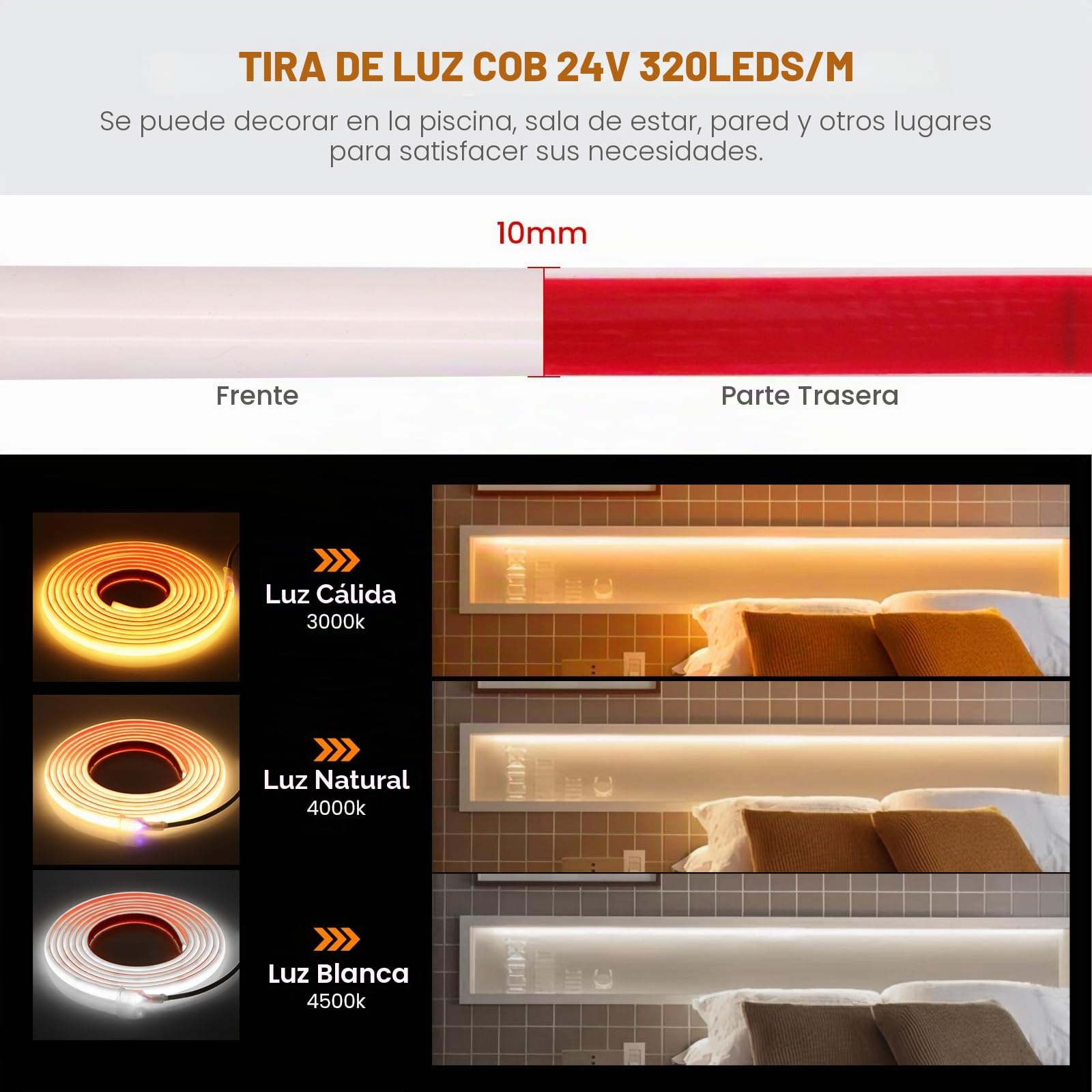 24V COB LED Tira de Neón [15m,Blanco Natural 4000-4500K]，288 LEDs/m Tira LED FCOB Cortable CRI85+，IP68 Impermeable Flexible，Hogar/tienda de iluminación decorativa