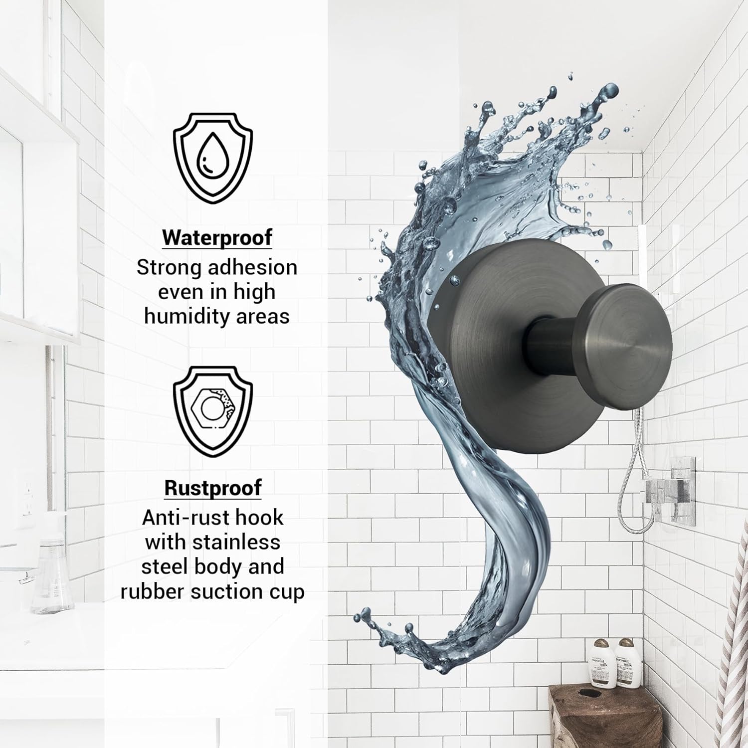 Suction Cup Hooks for Shower - 4 Pack, Gray - Stainless Steel, Strong Suction, No Drill, Removable Hanger, Tile Bathroom Kitchen Wall, Glass Door, Mirror Hook Hanging Robe, Towel Holder