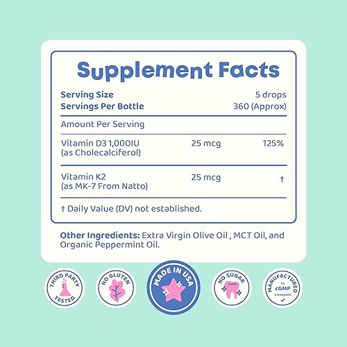 Miniatura 7 de JoySpring Vitamina D3 Kids Drops con K2  Suplemento líquido para absorción de calcio y salud articular  360 porciones (2 fl oz)  Vitamina D para