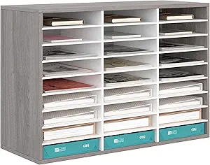 TQVAI Mail Sorter Organizer Countertop, 27 Slots Classroom Mailbox, Wooden Desk File Paper Literature Organizer, Mailboxes for Home Office, Retro Grey/White