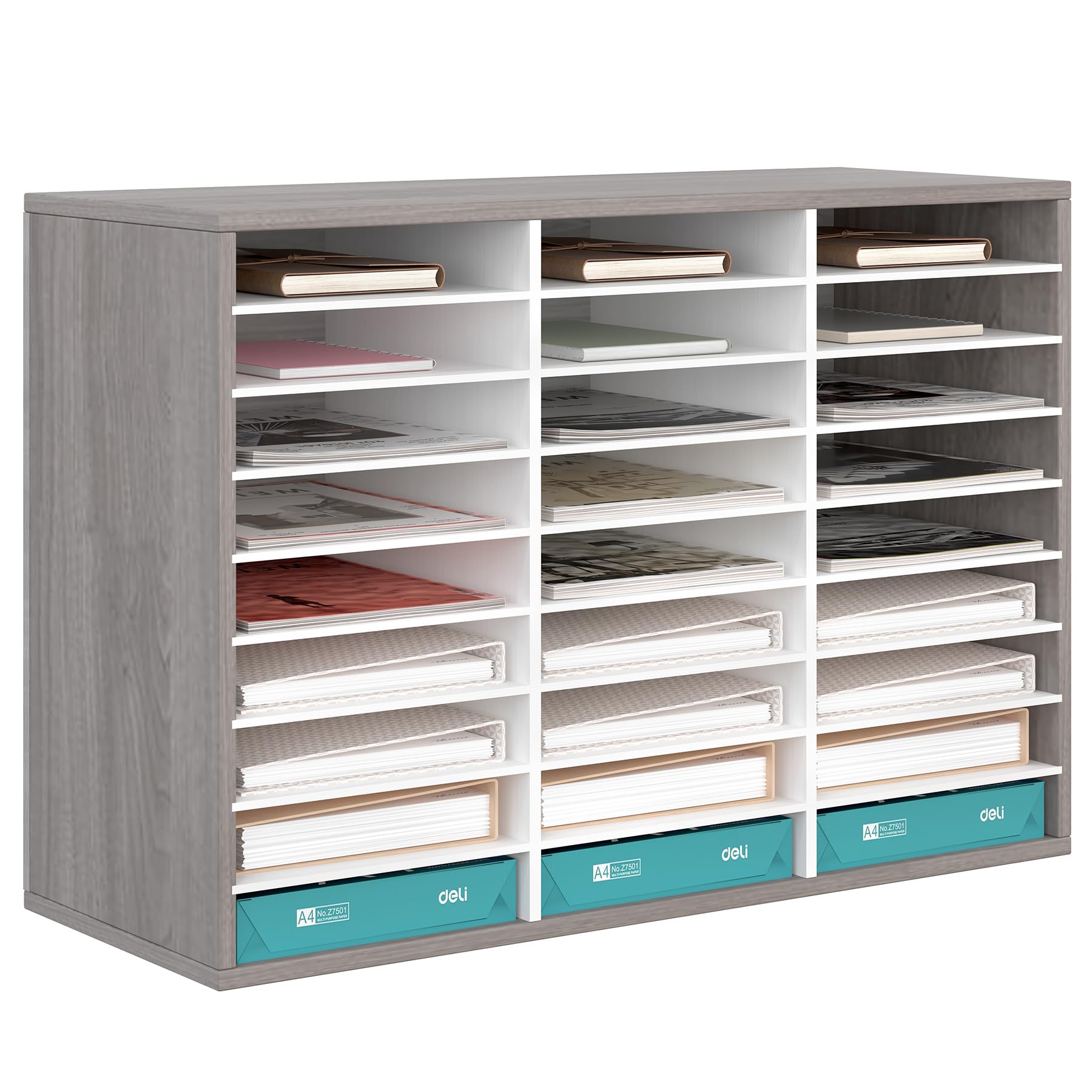TQVAI Mail Sorter Organizer Countertop, 27 Slots Classroom Mailbox, Wooden Desk File Paper Literature Organizer, Mailboxes for Home Office, Retro Grey/White