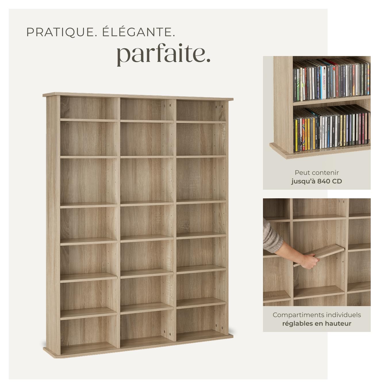 tectake® Étagère Bibliothèque Étagère Rangement CD/DVD pour 840 CDs - 105,5x19x136,5 cm Meuble de Rangement Moderne pour Rangement Bureau, Salon, Chambre, Etagere Rangement Meubles de Salon