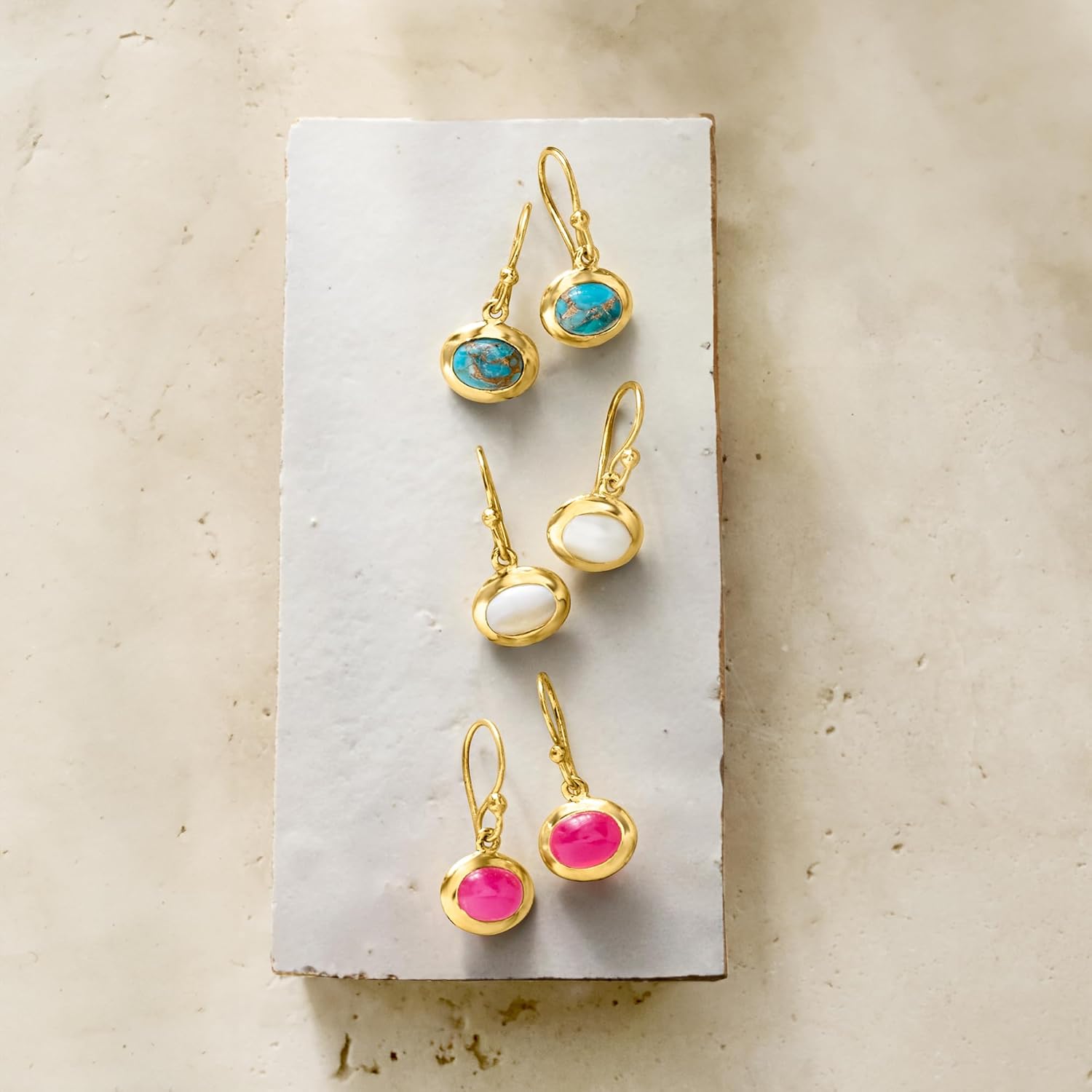 Ross-Simons Turquoise, 6x8mm Cultured Pearl and 2.00 ct. t.w. Pink Chalcedony Jewelry Set: 3 Pairs Of Drop Earrings in 18kt Gold Over Sterling