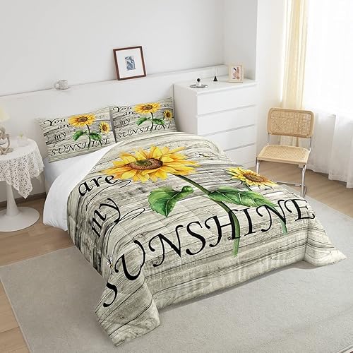 Miniatura 3 de Erosebridal Juego de ropa de cama con estampado de girasol, letras retro y flores amarillas, decoración de dormitorio, edredón de plumón de abeja