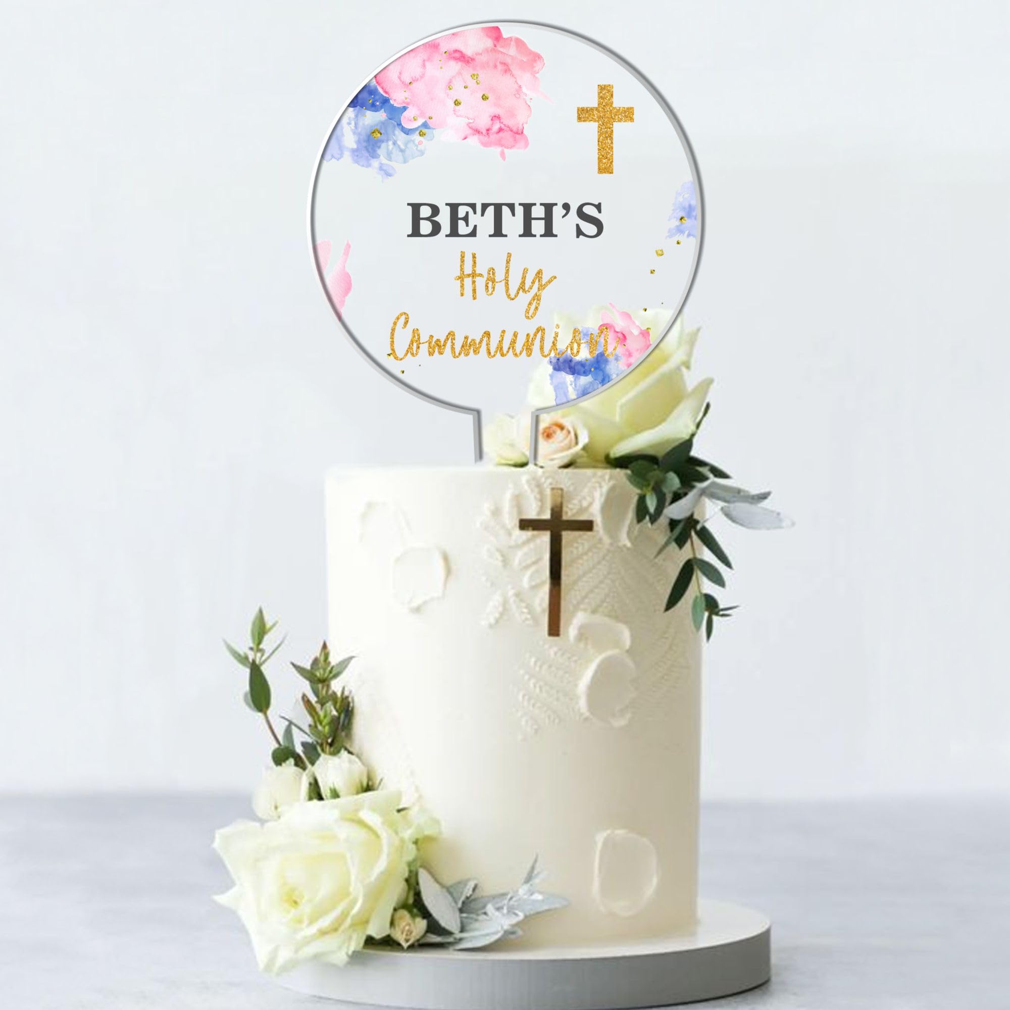 Personalised Religious Cake Topper – Custom Name & Occasion – Christening, Communion or Confirmation – Acrylic Watercolour Design with Cross Cake Decoration (Communion, Pink & Blue)