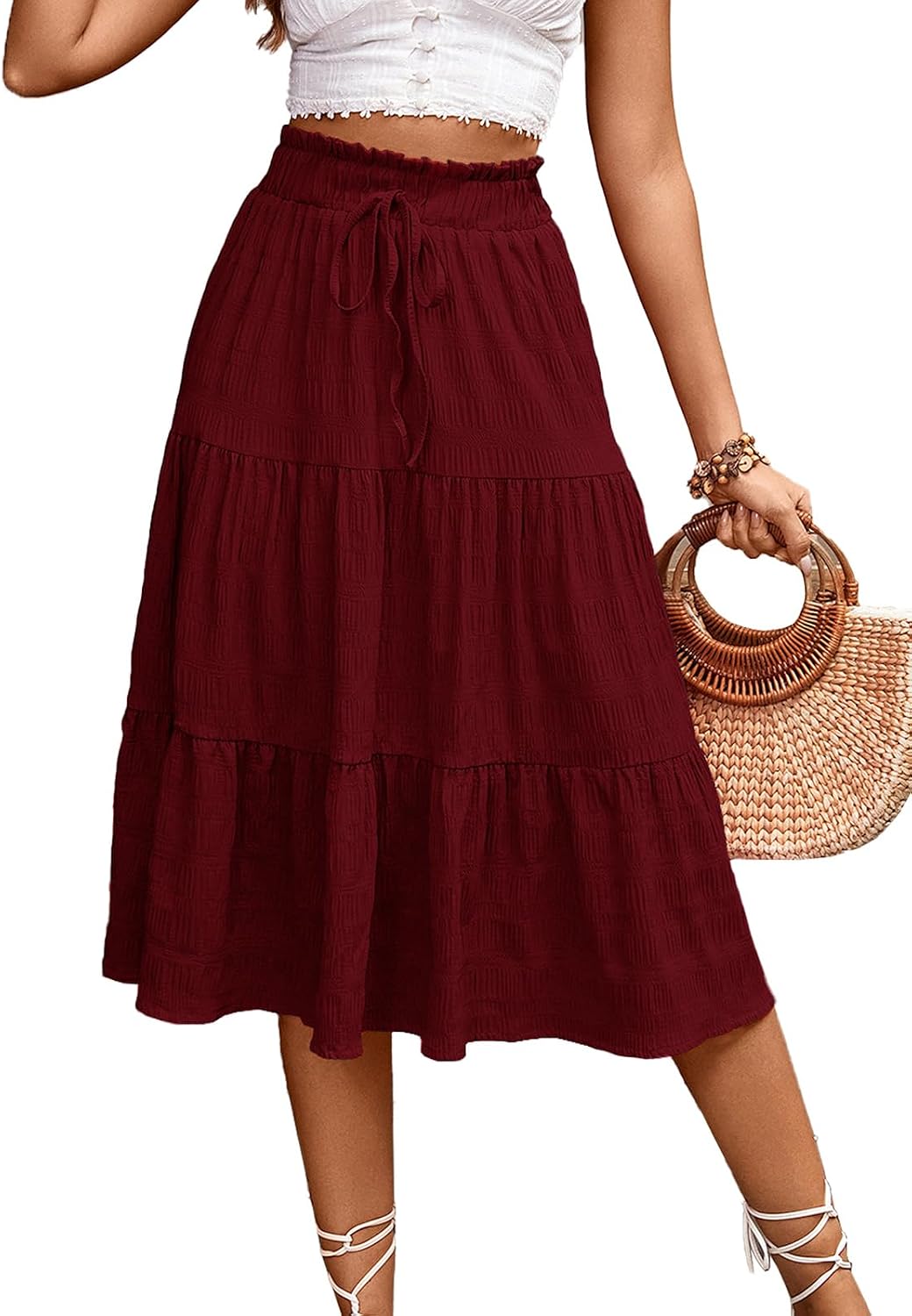 HELYO Women's Casual Summer Skirts Boho High Elastic Waisted Flowy Drawstring Ruched A Line Tiered Maxi Dress Skirt