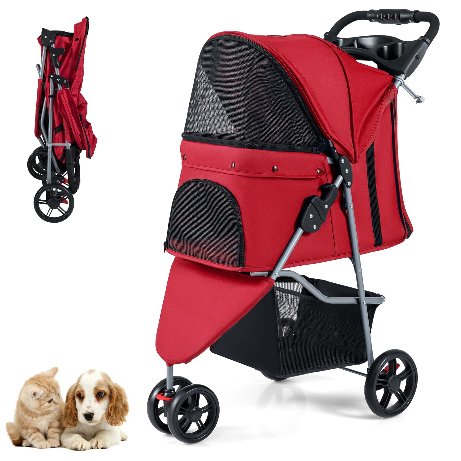COSTWAY Dog Stroller, 3 Wheels Foldable Dogs Pushchair Cats Pram with Adjustable Canopy, Storage Basket, Cup Holder, Pet Travel Buggy for Small Dog Cat (Red)
