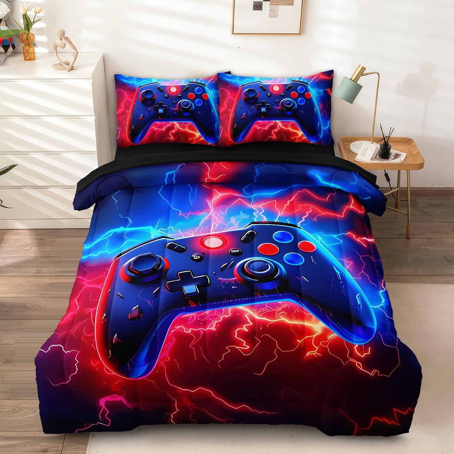 Gamer Full Bedding Sets for Boys Teen, 3 Pcs Full Size Gaming Comforter Set for Boys,Red Blue Lightnings Full Szie Bedding Set